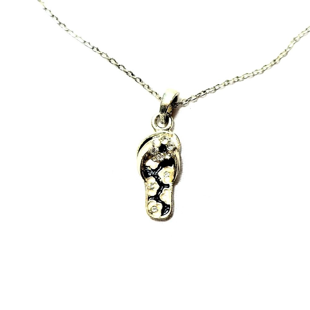 Silver & Black Flower Vintage Flip-Flop Enamel Sandal Retro Summer y2k Necklace